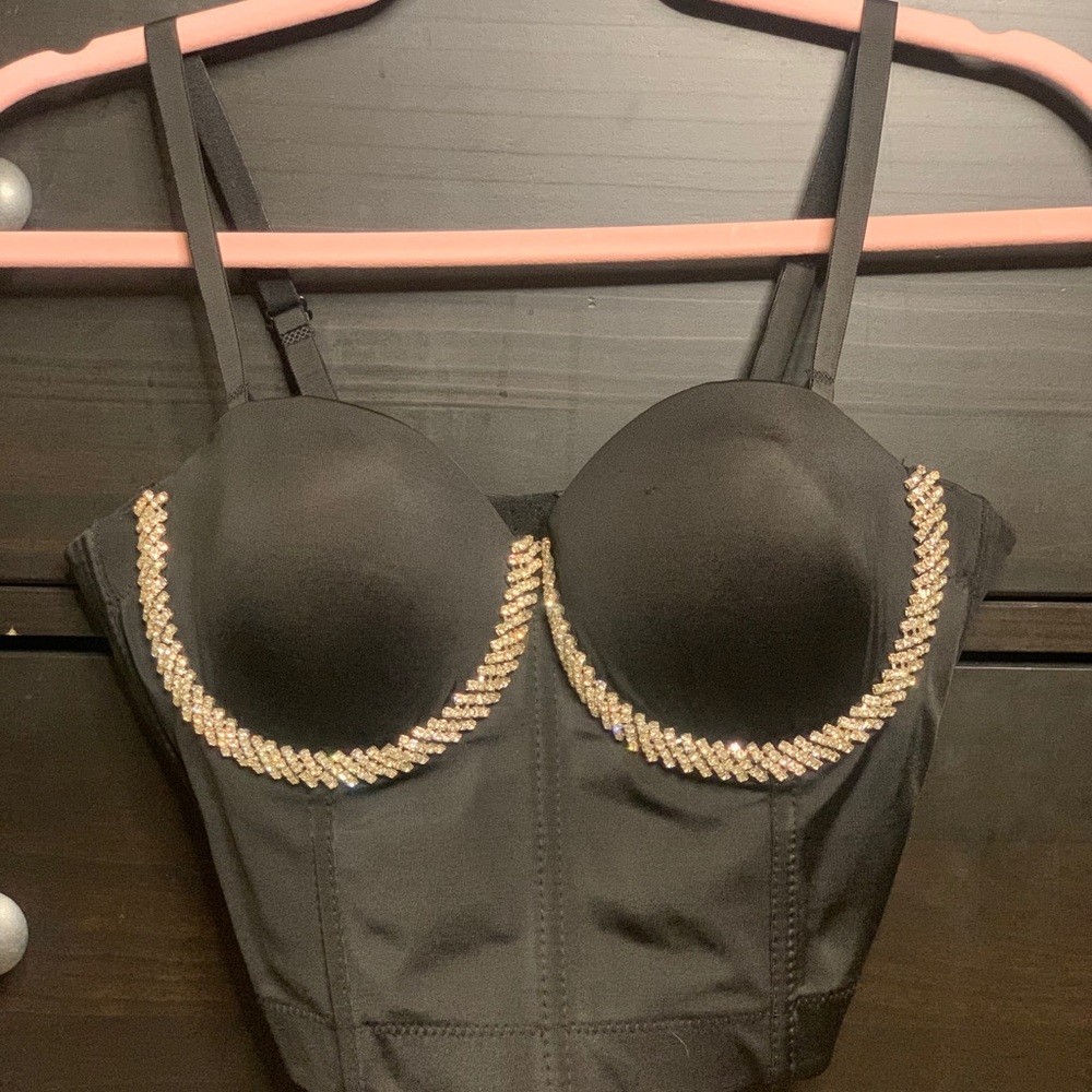 French Kyss Rhinestone Corset Top – Black Bustier S/M – Glam Night Out
